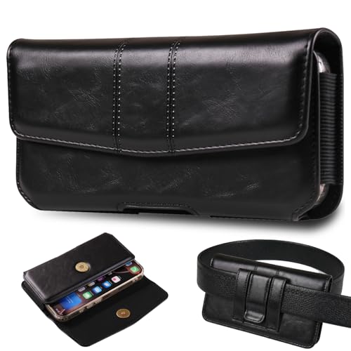 Phone Holster Compatible with iPhone 16 15 14 13 12 and Pro, Galaxy S25 S24 S23 S22 S21 S20, Leather Phone Pouch with Metal Belt Clip, M-Black - color: Black, size: Medium