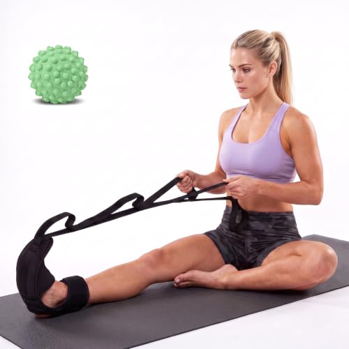 Calf Stretching Strap for Plantar Fasciitis, Foot Stretcher Night Splint for Heel Spurs, Foot Drop, Achilles Tendonitis & Hamstring, Yoga Foot & Leg Stretch Strap with Green Massage Ball - color: Black with Green Ball