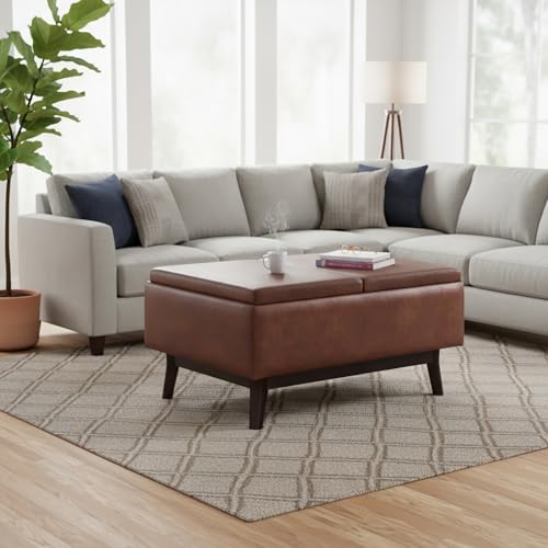 SIMPLIHOME Owen 34" Vegan Leather Storage Ottoman in Distressed Pecan Brown - color: Distressed Pecan Brown