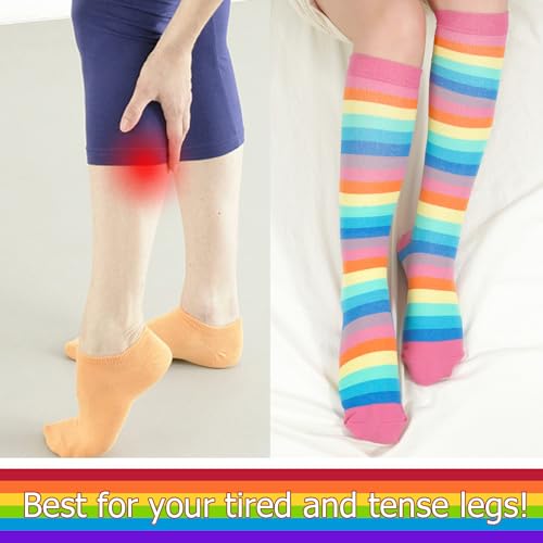 Junely Compression Socks for Women Knee High Striped Polka Dot Stockings - color: Rainbow Pink