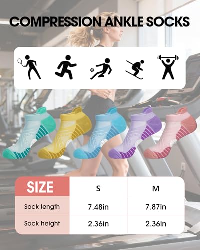 Womens Compression Ankle Crew Socks, Breathable Cushioned Socks - color: Blue Yellow Green Purple Red, size: 6-9