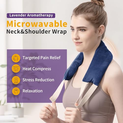 Neck Heating Pad Microwavable with Machine Washable Cover Weighted Microwave Heating Pad Neck Wrap for Shoulder Back Pain Relief, Warm Rice Bag Pack for Cramps Hot Cold Therapy 1.5lbs Lavender Scented - color: Navy Blue