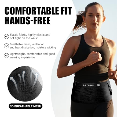 WRELS Slim Running Belt with Bib Number Clip,Elastic Phone Holder Fanny Pack for Women Men,Large Capacity Fitness Waist Pack Holds Water Bottle, Keys, Cards - color: Black-M