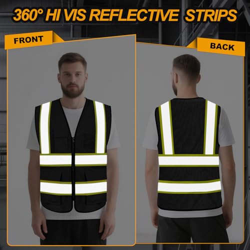 High Visibility Vest 5 Pockets Safety Vest with Zipper, Black S - color: Black, size: Small