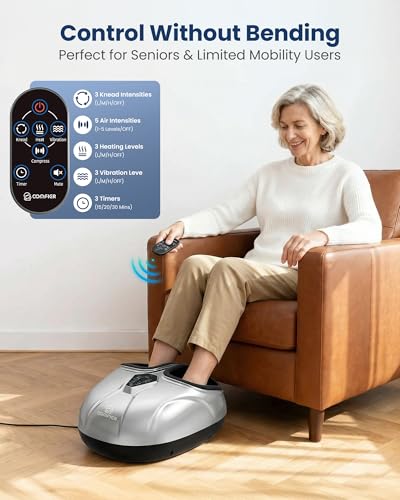 COMFIER 2026 Upgrade Shiatsu Foot Massager,Feet Massager for Neuropathy Plantar Fasciitis Relief,3 Kneading,3 Heat,3 Vibration & 5 Compression, Fit Up to 14,Relax for Home Office Use - color: Silver