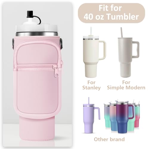 AceTreker Water Bottle Carrier Bag with Strap for Stanley 40/30 oz Tumbler Neoprene Insulated Cup Holder Sleeve with Phone Pocket & Straw Cover for Stanley Cup Accessories - color: 01-Classic Light Pink, style: 40 Oz
