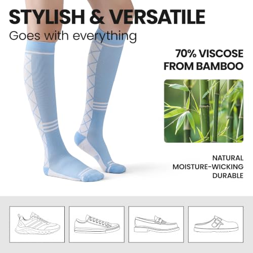 Bamboo Viscose Compression Socks 15-20 mmHg Knee High 3 Pairs Unisex - color: A01-3pair-blue Brown Green, size: XX-Large