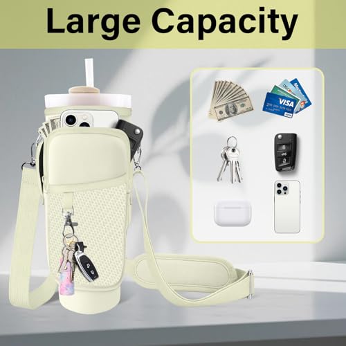 Water Bottle Carrier Bag for Stanley Cup 40/30oz, Neoprene Water Bottle Holder Pouch with 3 Pocket Adjustable Shoulder & Hand Strap - color: Off White