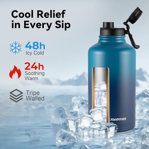 KXIAOCHEN Insulated Water Bottle with Strap, 48-Hour Cold, 2 Lids - color: Dark Night-B, size: 64 Ounces