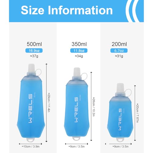 WRELS 200ml/350ml/500ml Collapsible Soft Flask,BPA Free Folding Soft Water Bottle with Hanging Ring,Lightweight TPU Hydration Flask for Running Marathon Cycling Hiking - color: Blue-500ml*1