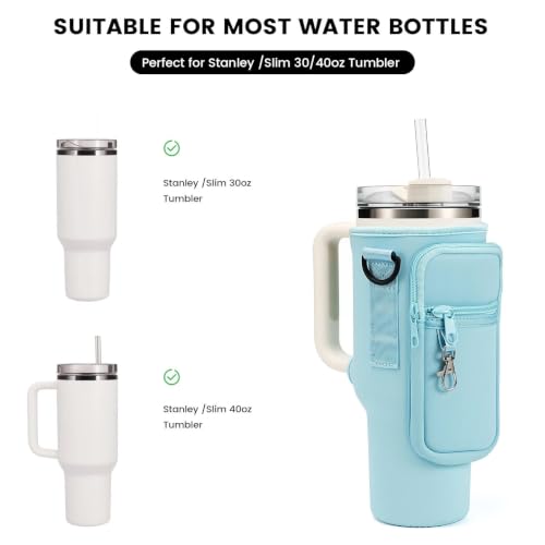 Water Bottle Carrier Bag Holder with Phone Pocket Adjustable Strap for Stanley 30 40oz, Insulated Neoprene Cover Sleeve Sling Crossbody Bag for Walking Camping Hiking Travelling - color: Lake Blue-1