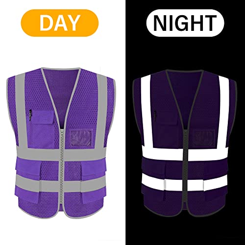 HYCOPROT High Visibility Mesh Safety Reflective Vest with Pockets and Zipper, Meets ANSI/ISEA Standards - color: Purple, size: Large