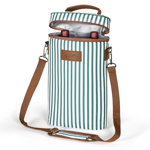 Tirrinia 2 Bottle Insulated Wine Tote Carrier Bag - color: Green Stripe, size: 2 Bottle-without front pocket