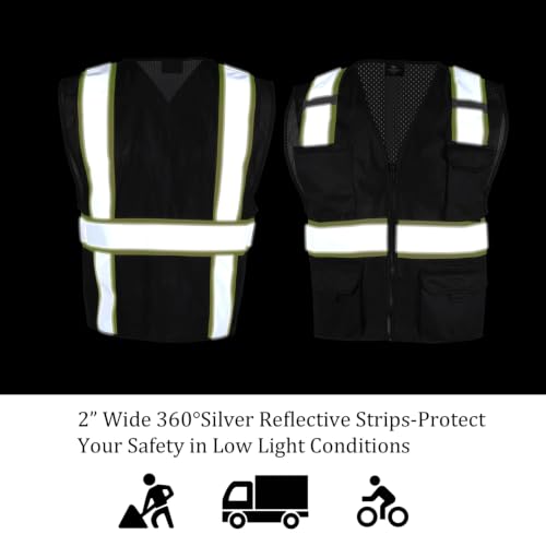 VENDACE Hi Vis Safety Reflective Mesh Vest for Men ANSI Class 2 High Visibility Vest with 8 Pockets and Zipper - color: Black, size: Large