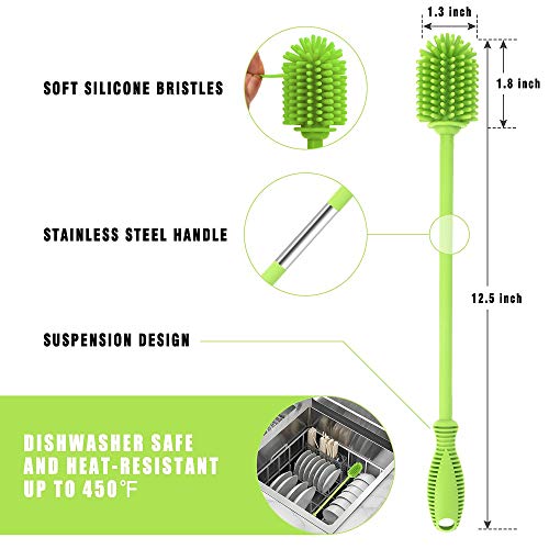Silicone Bottle Brush with Long Handle, 12.5" Water Bottle Cleaner, Green - color: Green