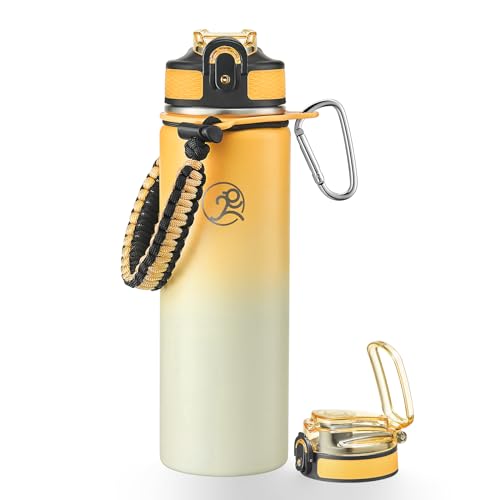 GOSWAG 24oz Insulated Stainless Steel Travel Water Bottle, 2 Lids - color: Ginger Yellow-Beige Ombré
