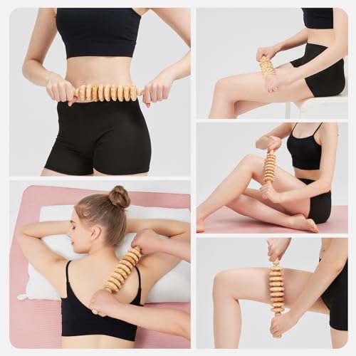 Wooden Cellulite Muscle Roller for Legs and Thighs - Handheld Fascia Blaster Tool for Muscle Relief, Lymphatic Drainage & Body Sculpting - Anti Cellulite Massager for Women and Men (9 Wheel)
