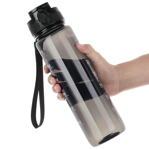 OLDLEY Water Bottle, 32oz Motivational Sports Water Bottle with Time Marker - color: Black