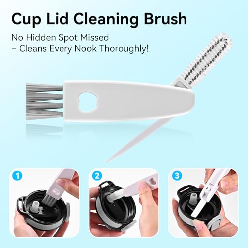 SLUXKE Bottle Brush Set with Straw Cleaner Brush and 3 in 1 Cup Lid Cleaning Brush, Bottle Brush Cleaner with Long Handle for Cleaning Cup, Water Bottles, Tumblers, Baby Bottles - color: Gray