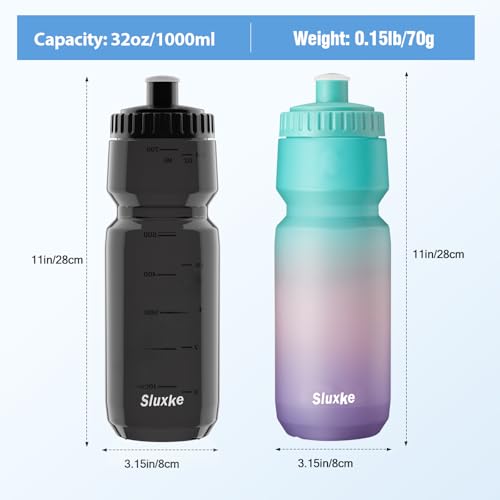 SLUXKE 2Pack 32oz Bike Water Bottle, 1000ml Sports Cycling Water Bottle Easy to Squeeze, Lightweight Fits Most Bike Cages Bicycle - color: Hydrangea & Black, size: 32 Ounces