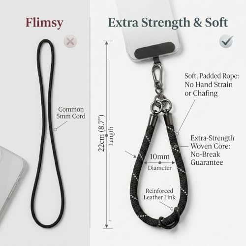 Phone Lanyard Wrist Strap Soft Rope Phone Strap Wrist Lanyard Heavy Duty - color: Black Reflective