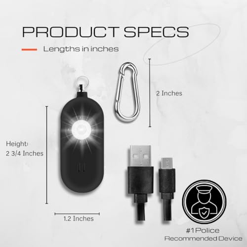 Rechargeable Personal Safety Alarm for Women. 130dB Siren. Ear-Piercingly Loud w/ Flashing LED Strobe Light Siren Keychain - color: Black
