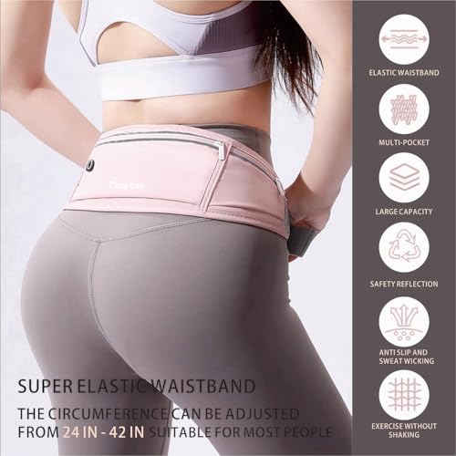 Running Belt for Women & Men - Slim Phone running belt with Water-Resistant Phone Holder, 3 pockets Adjustable Waist Strap, Reflective Safety Design for Running, Hiking, Travel，Fitness (Pink) - color: Pink
