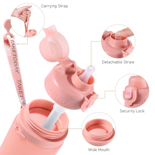 TakeToday Collapsible Water Bottles 21oz (600mL), Foldable Platinum Silicone Travel Water Bottle with Straw & Carry Strap, Leak-Resistant Screw Lid, Wide Mouth, BPA-Free for Hiking, Camping, Travel - color: Cherry Breeze