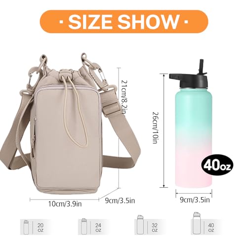 Water Bottle Holder with Phone Pocket for 40/32 oz,Water Bottle Holder/Sleeve with Adjustable Shoulder Strap and Charm. - color: Khaki