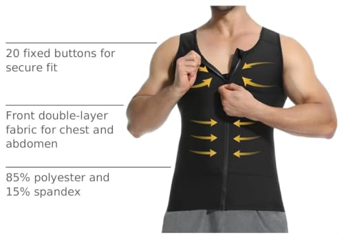 Mens Compression Shirt Zipper, Gynecomastia Tummy Control Vest, Back Support Shapewear Slimming Undershirt - color: Black, size: 3X-Large