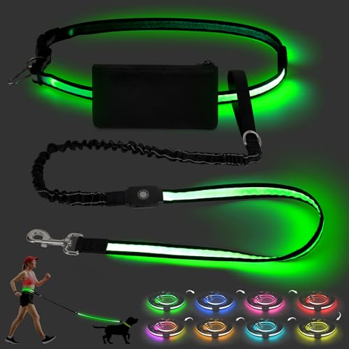 LED Dog Leash Waist Hands Free, Light Up Dog Walking Leash with Pouch - color: Multicolor