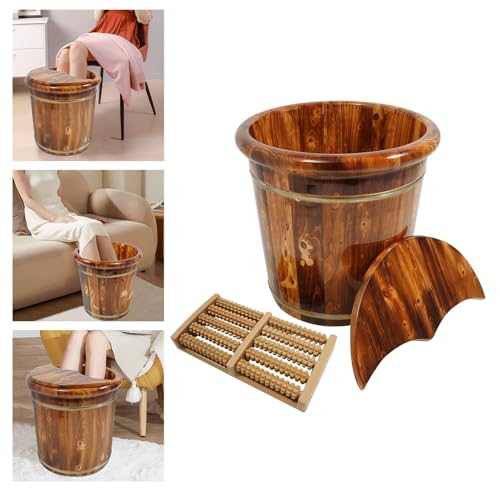 Wooden Foot Bath Bucket Foot Soaking Bath Basin with Lid Wood Footbath Barrel with Massage Beads Plate Pedicure Barrel for Spa, Massage, Sauna 15.75 * 15.75in (Brown) - color: Brown