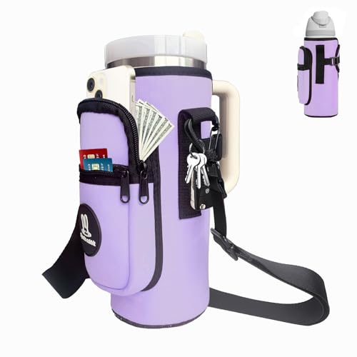 Sports rabbit Universal Water Bottle Holder with Strap & Phone Pocket - color: Purple, size: 30OZ