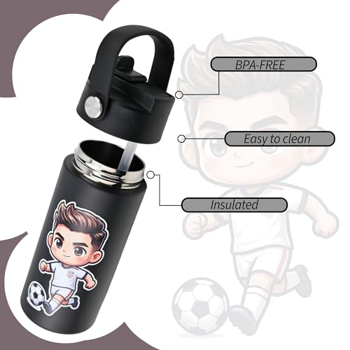 14 oz Insulated Water Bottle with Straw Lid and Handle, Spill Proof Double Wall Vacuum Keeps Cold 24H, Small Cute Metal Stainless Steel with Handle Cup for School,Sports & Outdoors - color: Soccer player