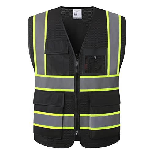 Reflective Safety Vest for Men Women High Visibility Vest with 8 Pockets and Front Zipper Mesh Reflective Vest (Black-07, Medium) - color: Black, size: Medium