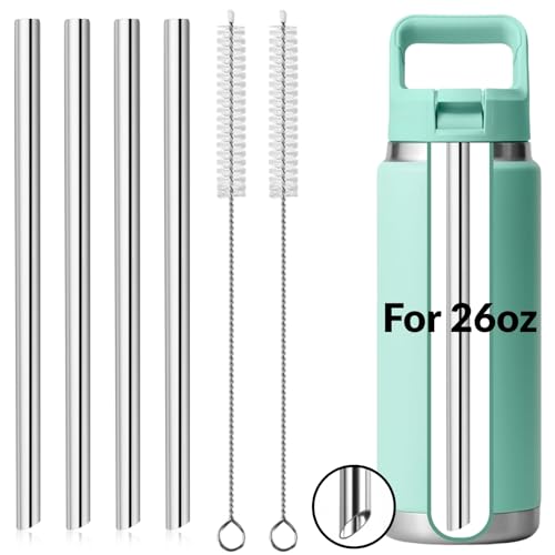 4PCS Replacement Metal Straw for YETI Rambler Jr. Water Bottle, Reusable Stainless Steel Replacement Straws with 2PCS Cleaning Brushes Compatible with YETI Rambler Jr. Bottle (26oz) - size: 26oz