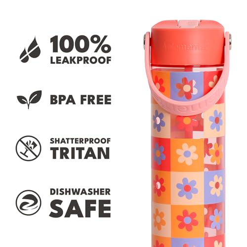 Elemental Splash 26oz Tritan Plastic Reusable Water Bottle w/Straw & Strap - color: Checkered Flowers, size: 26 Ounces