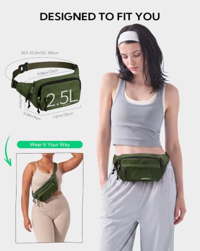 WATERFLY Fanny Pack Waist Bag: 2.5L Large 5 Zipper Pockets for Women Men - color: Military Green