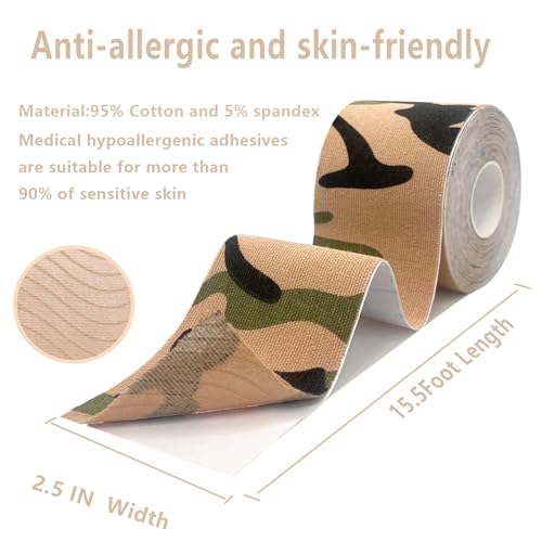 SOON GO Kinesiology Tape, 2IN x 16.4FT Uncut Athletic Tape, Waterproof Breathable Latex-Free, Muscle Recovery & Joint Support, Camo (1/2/5 Rolls) - color: Camo, size: 1 Count (Pack of 1)