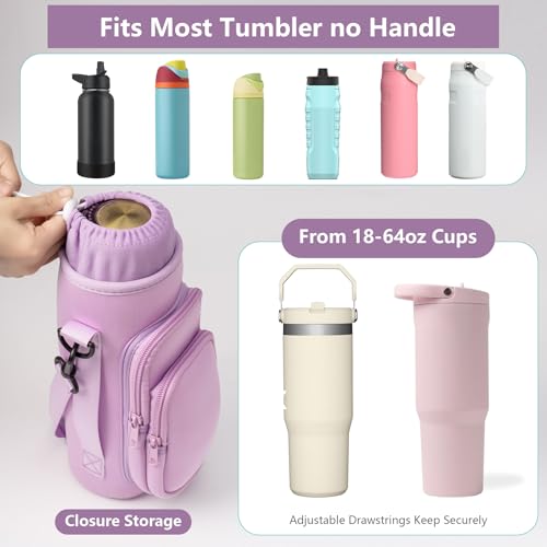 linmaya Water Bottle Carrier Bag,Water Bottle Holder with Straps Phone Pockets Fits Stanley IceFlow Owala 16/24/32/40oz Tumbler - color: Purple, size: 16-40 Oz wihtout Handle