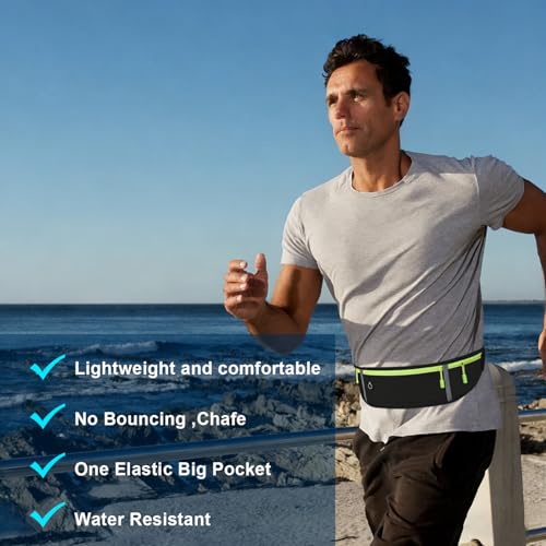 Slim Running Belt for Women Men,Runners Fanny Pack Phone Holder,Money Belt,Running Gear Accessories,with 3 Pockets (Green-black) - color: Green-black