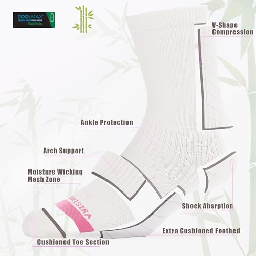 BRISIRA Coolmax Bamboo Viscose Compression Running Crew Socks Women - color: Black + White + Grey, size: 8-10