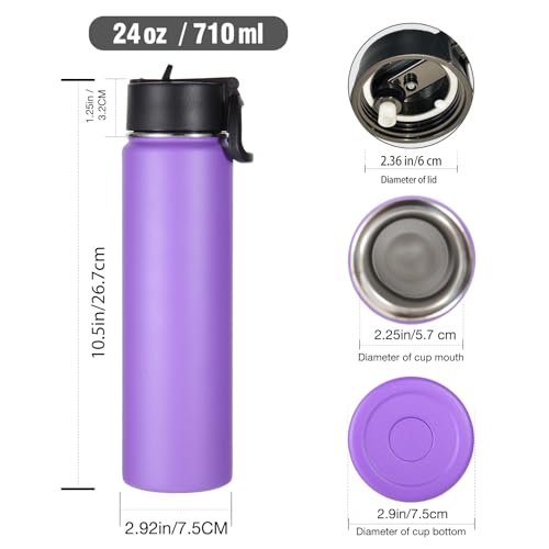 Volhoply 24oz Insulated Water Bottle with Straw Lid, Purple, 1-Pack - color: Purple