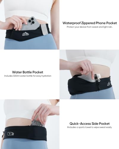 Zelvot Running Belt with 500ml Water Bottle, Adjustable Waist Pack - color: Black