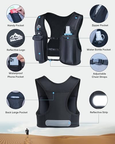 Running Vest for Women Men, USA Original Patent, Adjustable Chest Straps Running Hydration Vest with Dual 500ml Soft Flask, Breathable Reflective Hydration Backpack for Hiking