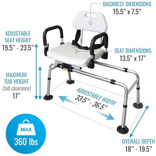 DMI 360 Max Comfort Swivel Shower Chair & Transfer Bench, Extra-Wide 360lb Capacity, Non-Slip & Padded Arms, Bonus Adjustable Back Scrubber - style: Sliding + 360° Swivel