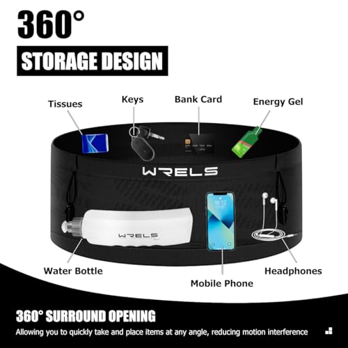 WRELS Slim Running Belt with Bib Number Clip,Elastic Phone Holder Fanny Pack for Women Men,Large Capacity Fitness Waist Pack Holds Water Bottle, Keys, Cards - color: Black-L