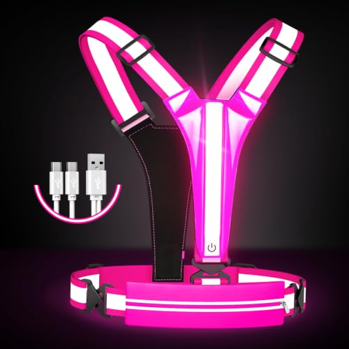 LED Reflective Vest Running Gear Set,USB Rechargeable Light Up Running Vest for Runners Night Walking with Waterproof Phone Bag,High Visibility Armband,Adjustable Waist&Shoulder for Men Women - color: Pink