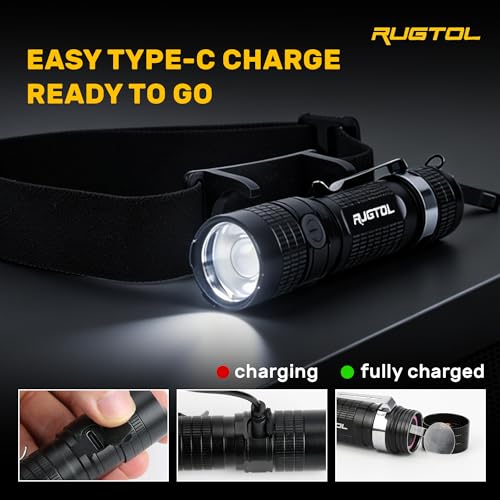 Rugtol Headlamp, USB C Rechargeable Battery Powered Head Lamp LED Flashlight with Clip Magnetic Base, 1000 Lumens Zoomable Aluminum Headlamp IPX4 Waterproof for Hard Hat Working Running Hiking - size: 1000 lm - Zoomable