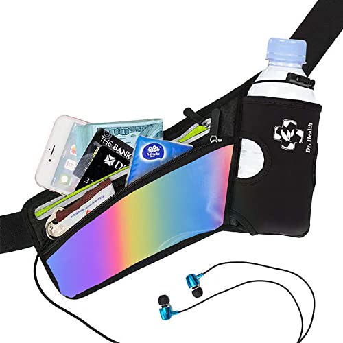 Running Belt Sport Waist Pack/Pouch w/Water Bottle Holder Hydration Fanny Pack Reflective Stripes Cellphone Storage Earphone hole for Dog walker Hiking Travel Adjustable Women/Men (Rainbow Stripes) - color: Rainbow Stripes